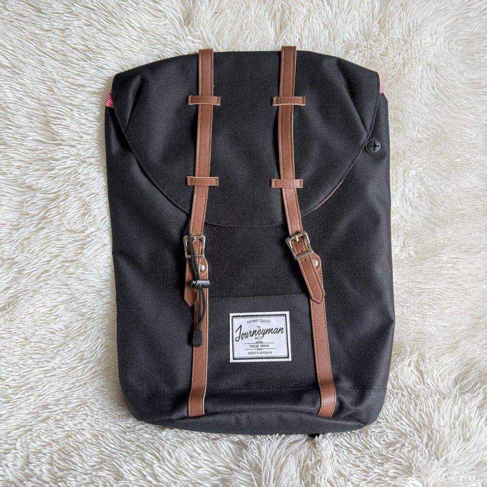 Backpack The Journeyman Bag Co Canvas Black Laptop Red White Striped Lining NWT